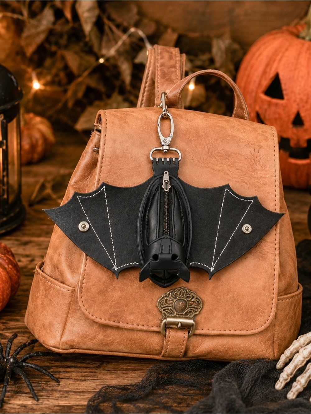 Bat Hidden Compartment Faux Leather Bag Charm Keychain